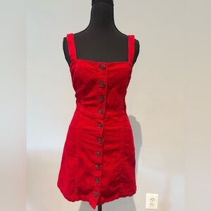 Red Corduroy Button-Down Dress